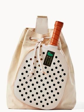Dooney & Bourke Cream Canvas Drawstring Tote with Leather Paddle Detail